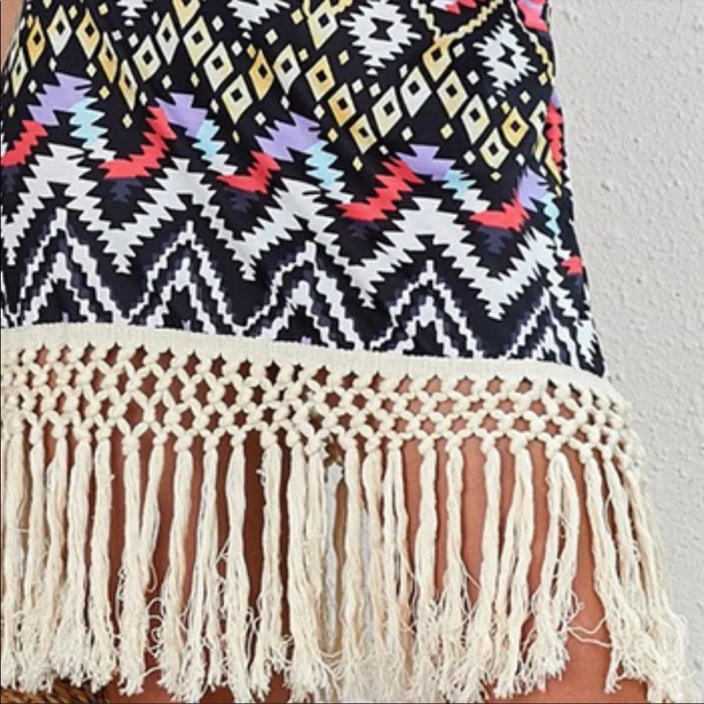 Boho Summer Tie Halter Top Backless Tassel Hem Midi Dress in Zig Zag & Geomet - Picture 7 of 8